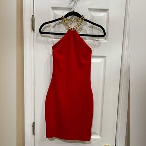 Elegant Red Backless Dress with Gold Chain Detail, Nookie Australia